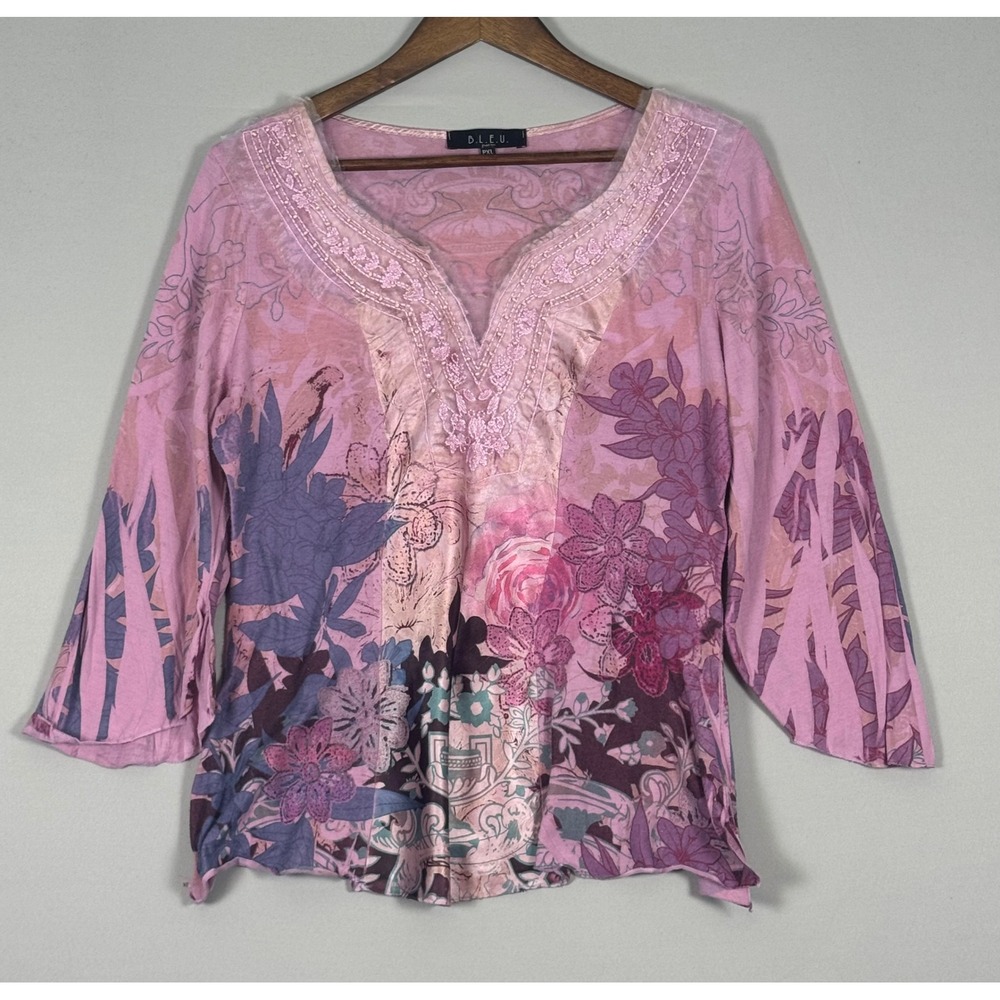 B.L.E.U. Petite Floral Beaded V-Neck Bell Sleeve Blouse Pink Purple PXL